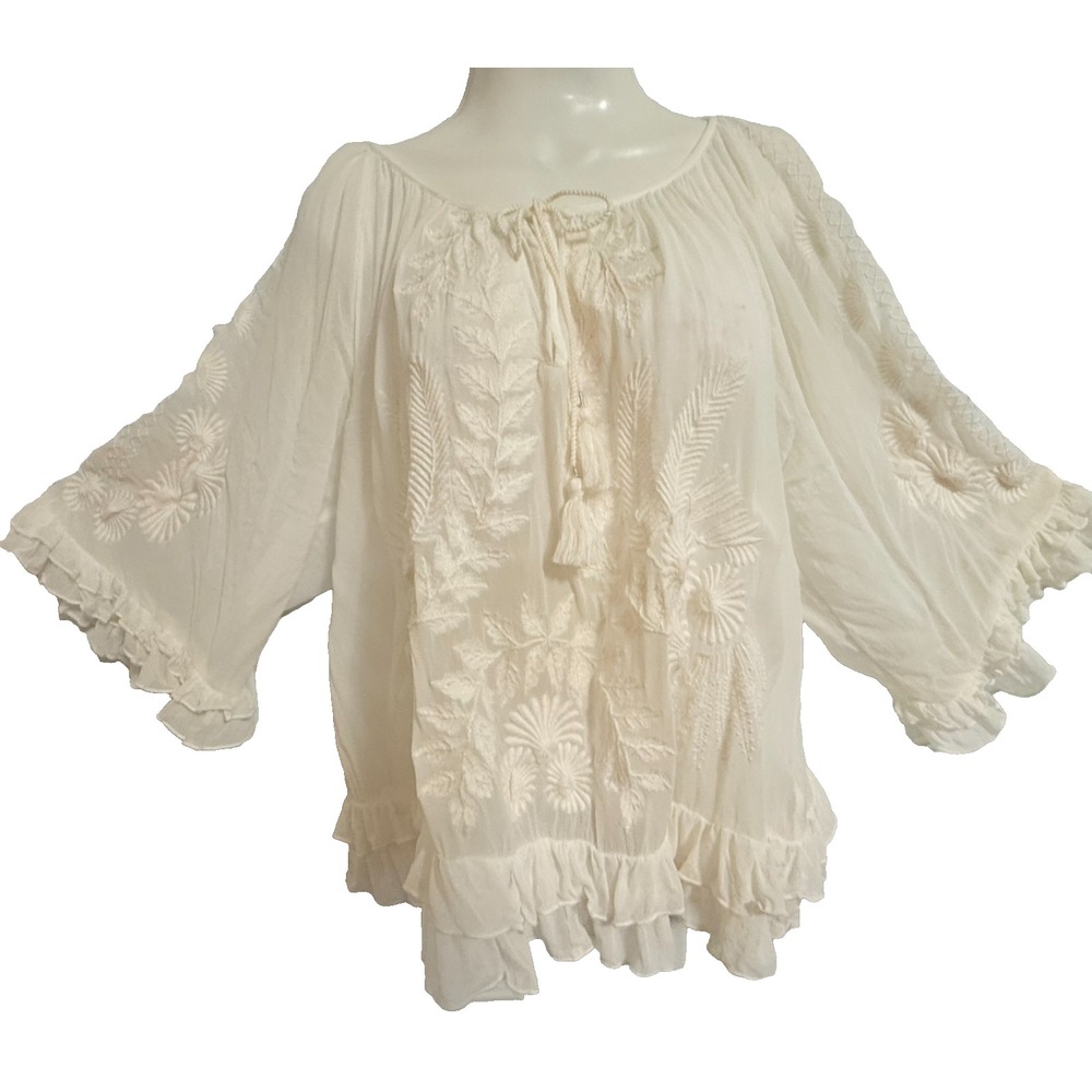 White‎ Akemie & K Anthropologie Blouse  Artsy Flowy Tunic Fairy Whimsy Tassels - Picture 2 of 8